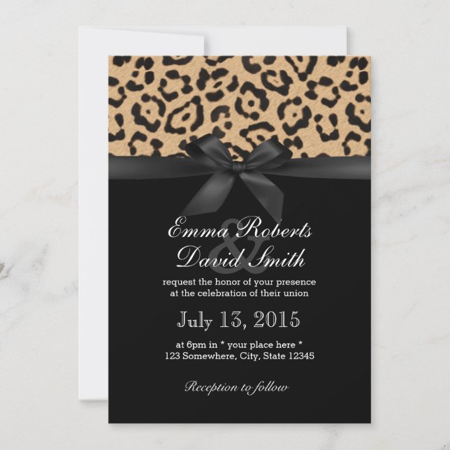 Invitation Mariage de ruban noir Empreinte de léopard moderne (Devant)