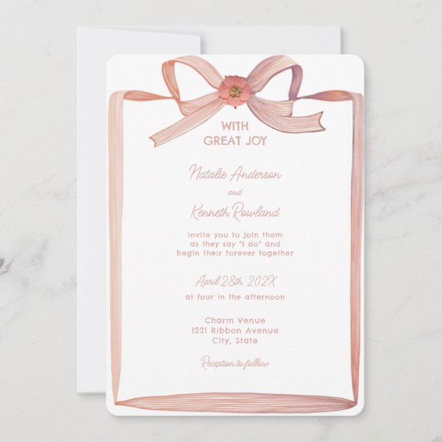 Invitation Mariage de ruban papier rose Coquette (Devant)