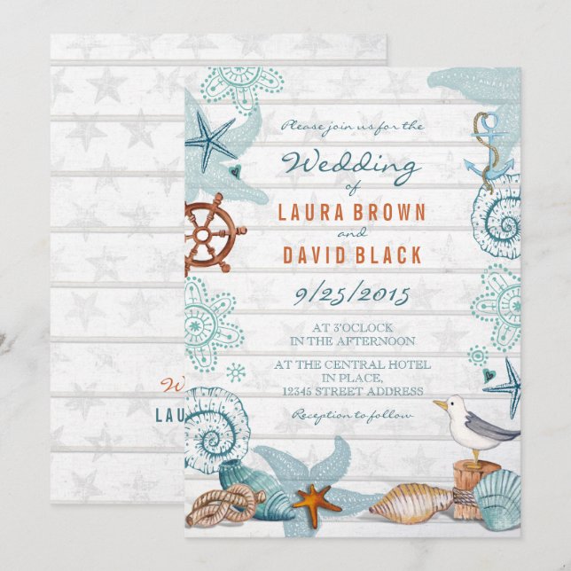 Invitation Mariage de sable de plage bleu rustique (Devant / Derrière)