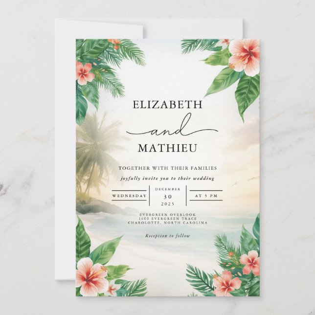 Invitation Mariage de scène de plage florale tropicale (Devant)