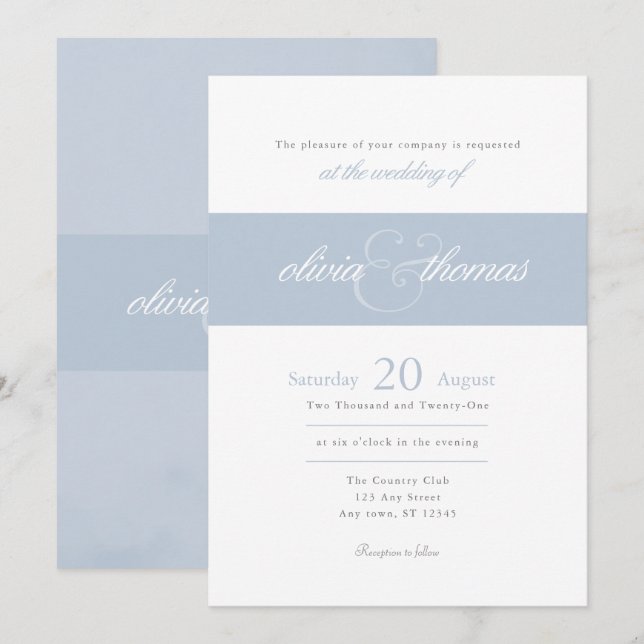 Invitation Mariage de script bleu Dusty simple et élégant (Devant / Derrière)