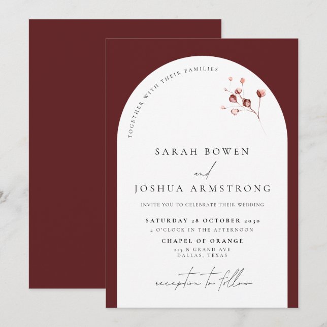 Invitation Mariage de script botanique de l'Arc de Bourgogne  (Devant / Derrière)