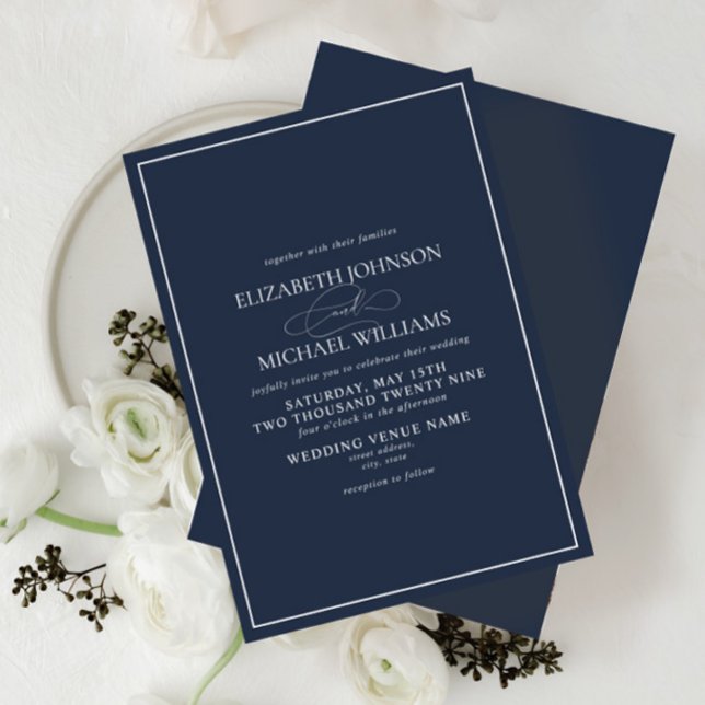 Invitation Mariage de script classique bleu de la marine offi (Créateur téléchargé)
