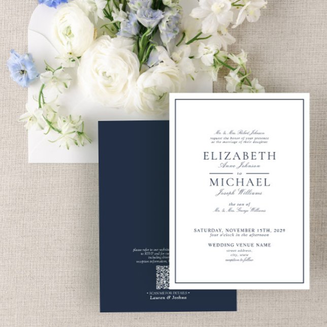 Invitation Mariage de script classique bleu marine QR Code (Créateur téléchargé)
