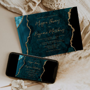Invitation Mariage de script d'agrégation d'or bleu turquoise