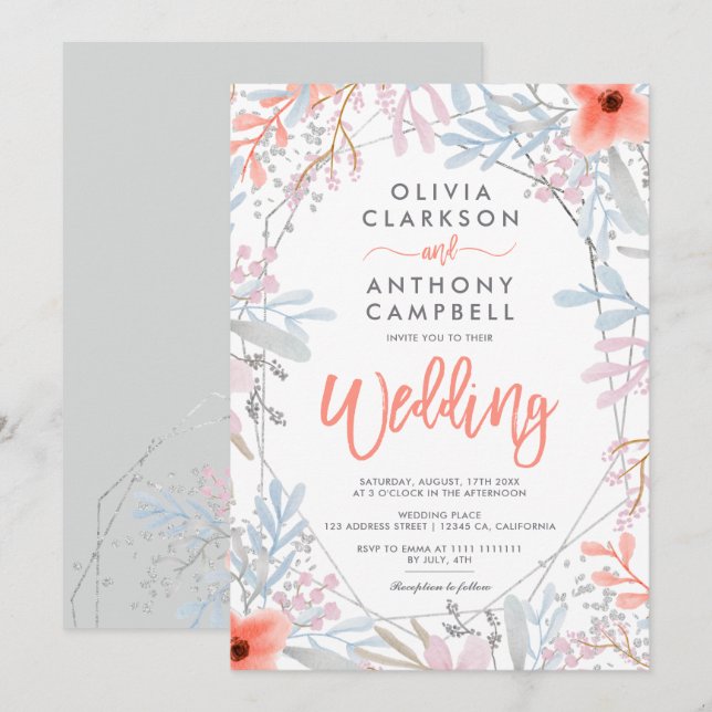 Invitation Mariage de script d'aquarelle florale à cadre arge (Devant / Derrière)