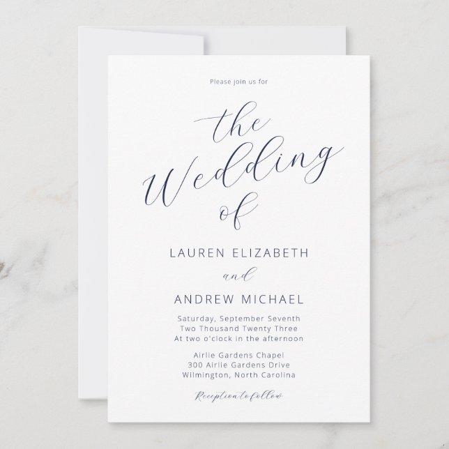 Invitation Mariage de script de calligraphie moderne bleu mar (Devant)