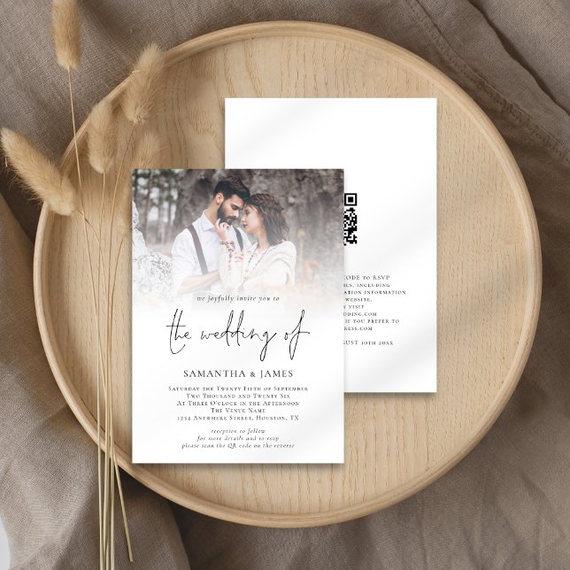 Invitation Mariage de script de code QR de photo moderne (Front and back view)