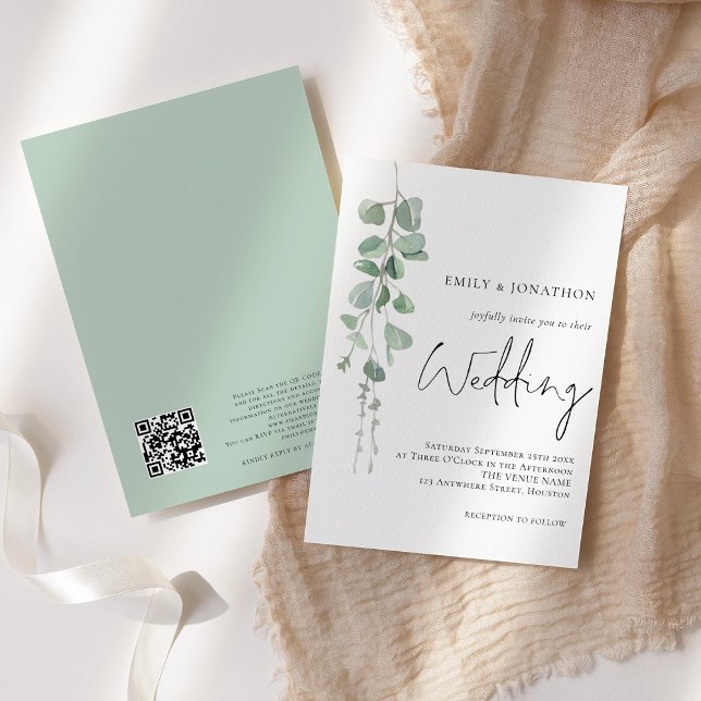 Invitation Mariage de script de code QR Eucalyptus moderne (Front and back view)