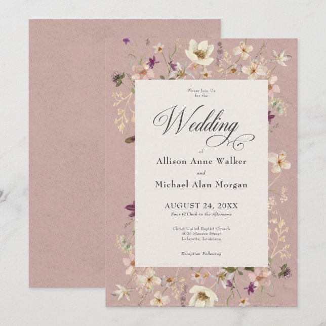 Invitation Mariage de script de Fleur sauvage rose rustique (Devant / Derrière)