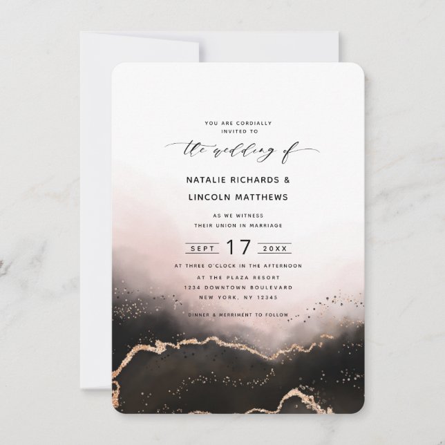 Invitation Mariage de script de fond d'huile rose pâle bleu E (Devant)