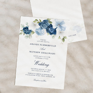 Invitation Mariage de script de la marine florale bleu poussi