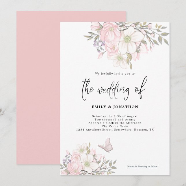 Invitation Mariage de script de papillon rose blanc Magnolia (Devant / Derrière)