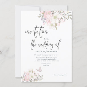 Invitation Mariage de script de papillon rose blanc Magnolias