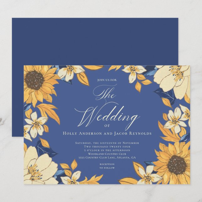 Invitation Mariage de script de tournesol d'aquarelle bleue (Devant / Derrière)