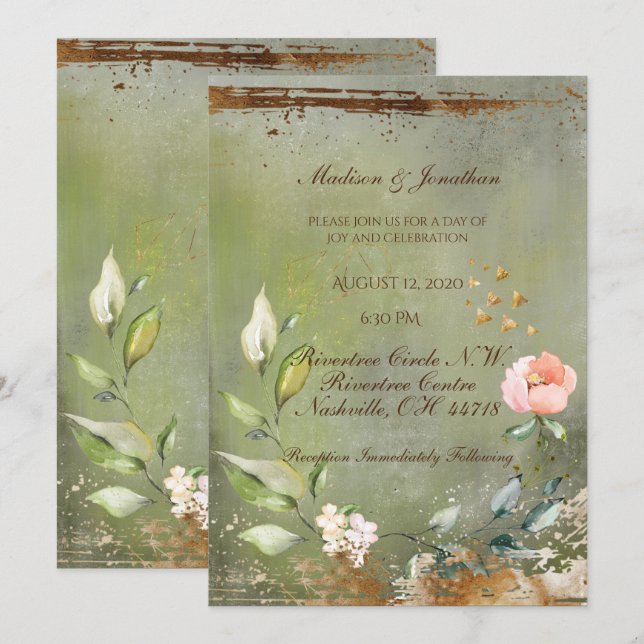 Invitation Mariage de script d'or floral vert rustique (Devant / Derrière)
