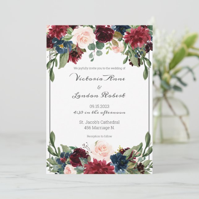 Invitation Mariage de script élégant à la florale rose vif bo (Debout devant)