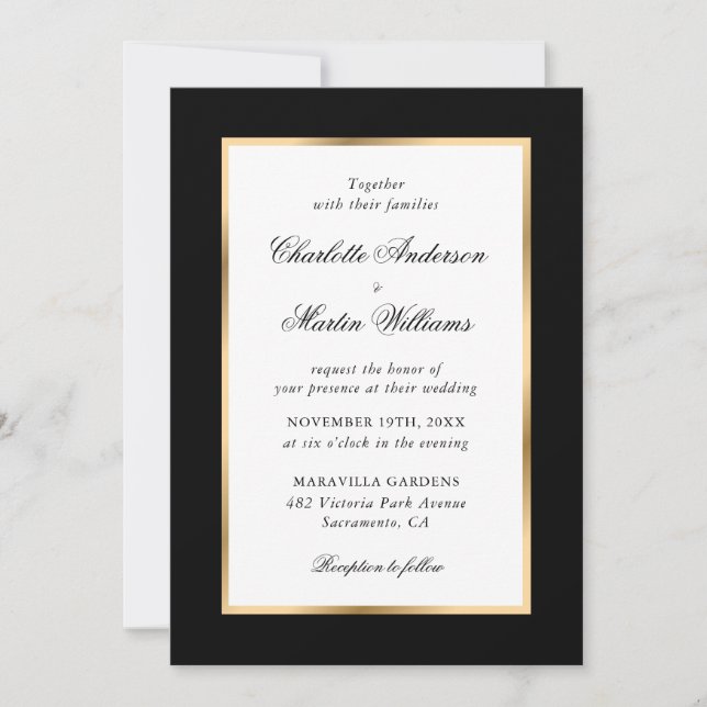Invitation Mariage de script élégant Black Gold Frame (Devant)