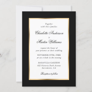 Invitation Mariage de script élégant Black Gold Frame