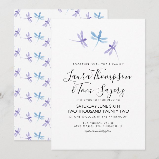 Invitation Mariage de script élégant de la libellule aquarell (Devant / Derrière)