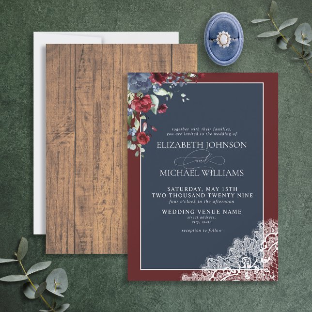 Invitation Mariage de script en bois bleu Bourgogne de la mar (Créateur téléchargé)