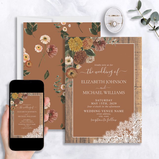 Invitation Mariage de script en bois rustique Burnt Orange (Créateur téléchargé)