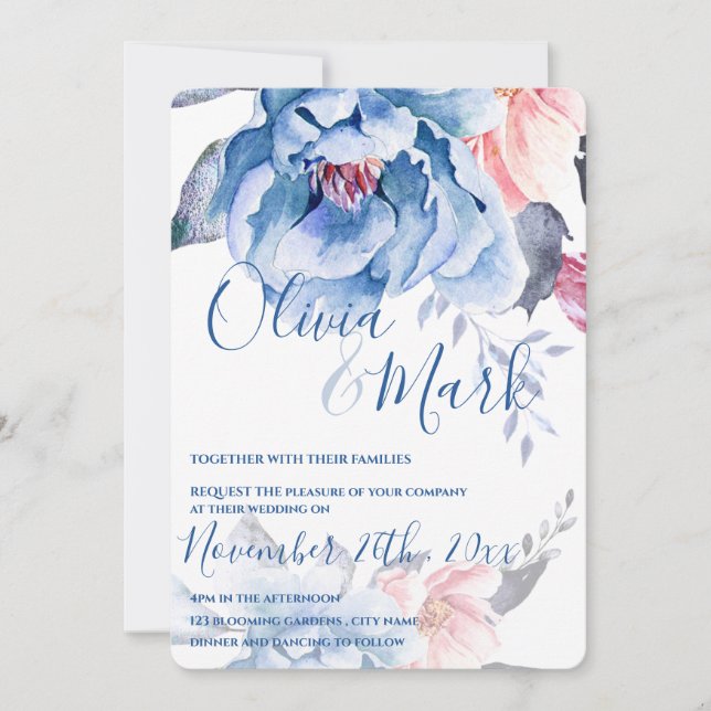 Invitation Mariage de script Floral Aquarelle Bleue (Devant)