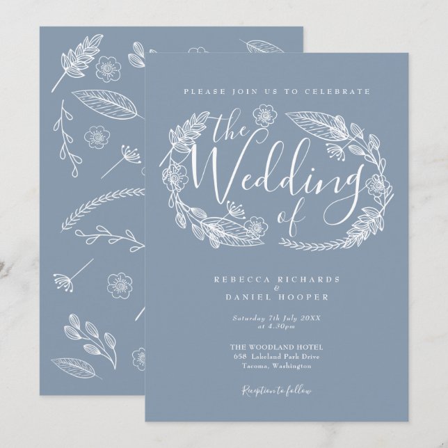 Invitation Mariage de script floral bleu roux à main (Devant / Derrière)