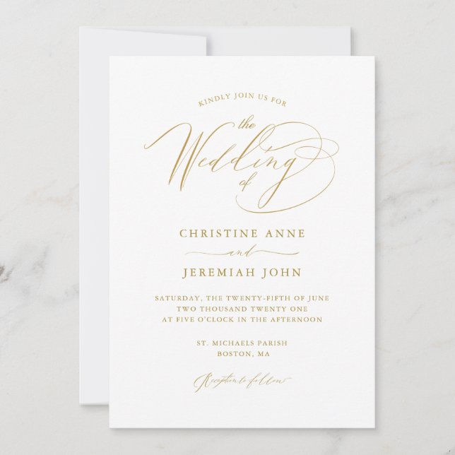 Invitation Mariage de script moderne en or blanc simple (Devant)