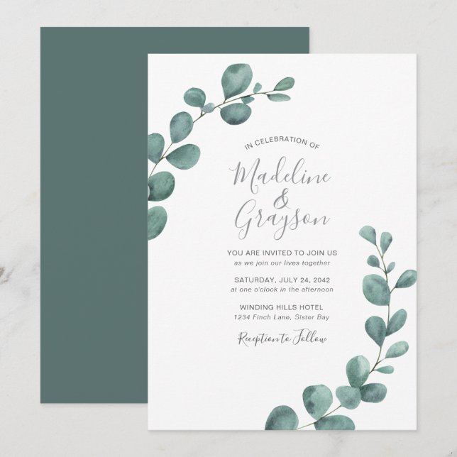Invitation Mariage de script moderne Eucalyptus Greenery (Devant / Derrière)
