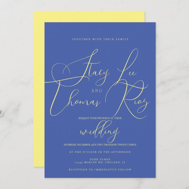 Invitation Mariage de script moderne Gras Bleu Jaune (Devant / Derrière)