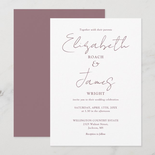 Invitation mariage de script moderne minimal Mauve élégant (Devant / Derrière)