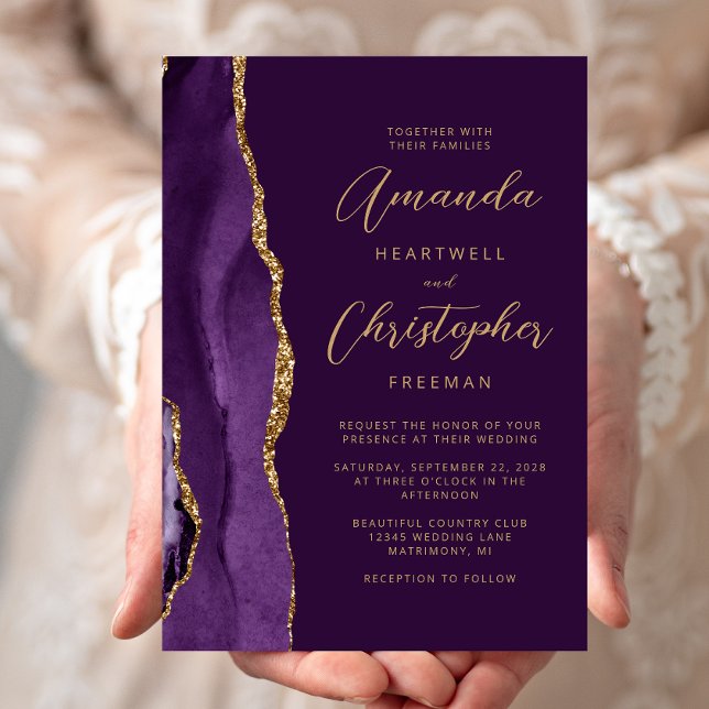 Invitation Mariage de script moderne Purple Agate Gold (Créateur téléchargé)
