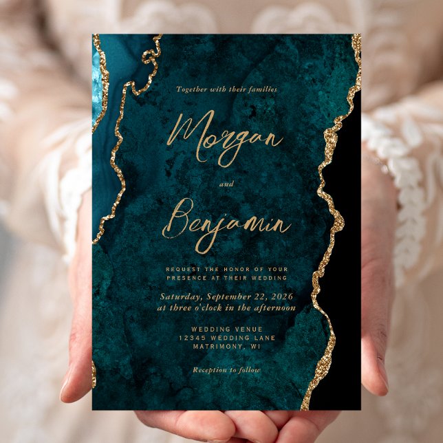 Invitation Mariage de script moderne Turquoise Blue Agate (Créateur téléchargé)