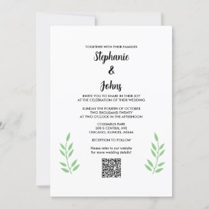 Invitation Mariage de script noir QR Code Sage Green Feuille