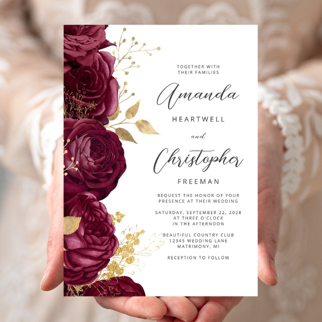 Invitation Mariage de script or floral de Bourgogne (Créateur téléchargé)