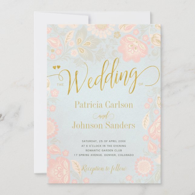 Invitation Mariage de script Peach Cream et Blue Spring Gold (Devant)