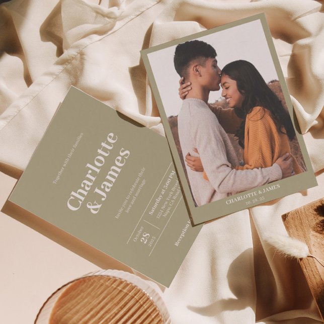 Invitation Mariage de script photo minimal Retro Sage vert (Créateur téléchargé)