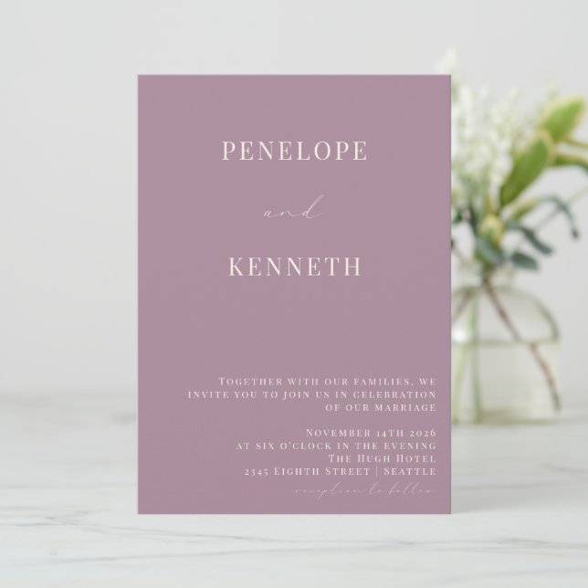 Invitation Mariage de script violet classique élégant Dusty (Debout devant)