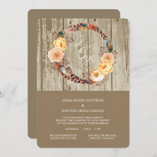 Invitation Mariage de serrure en plumes de bois rustique