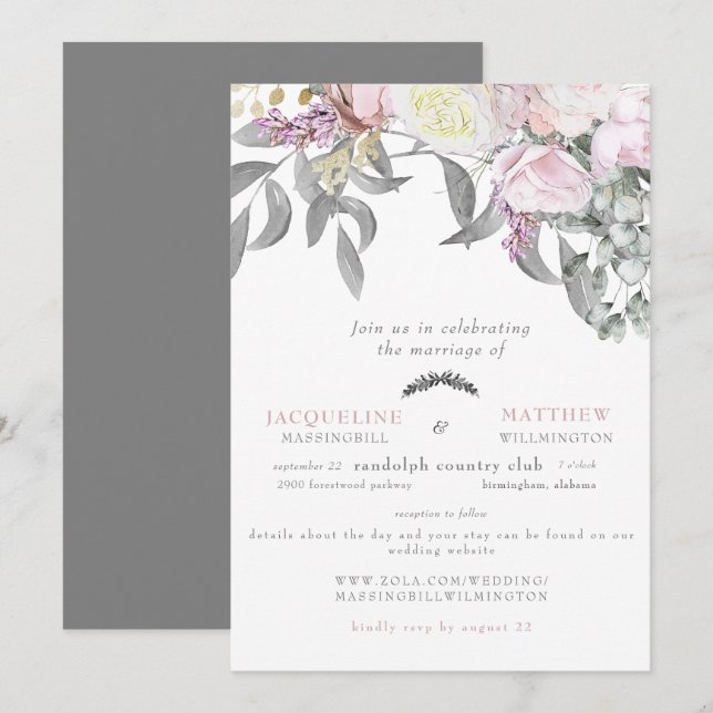 Invitation Mariage de site Web moderne Rose & Grey Eucalyptus (Devant / Derrière)