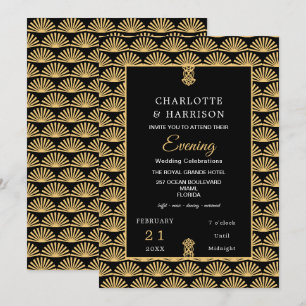 Invitation Mariage de soirée Art Déco Classy Black Gold