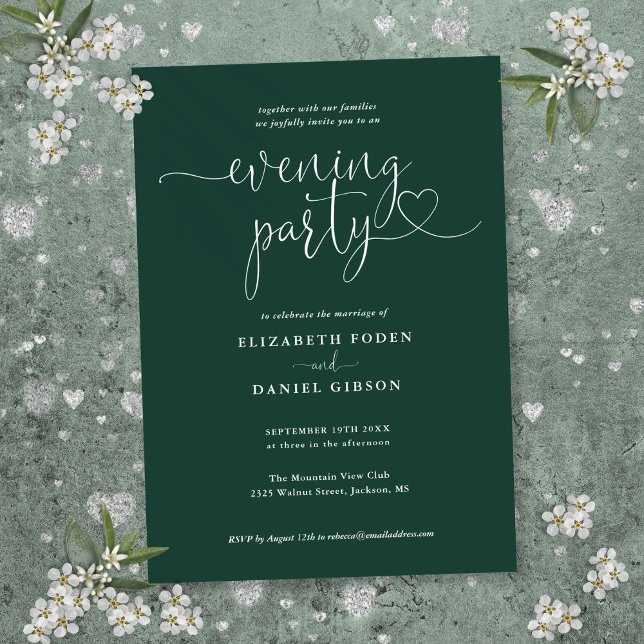 Invitation Mariage de soirée de fête de script de coeur vert  (Emerald Green Heart Script Wedding Evening Party Invitation)