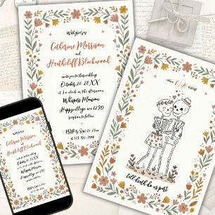 Invitation Mariage de squelette dans le style d'art naïf bohè