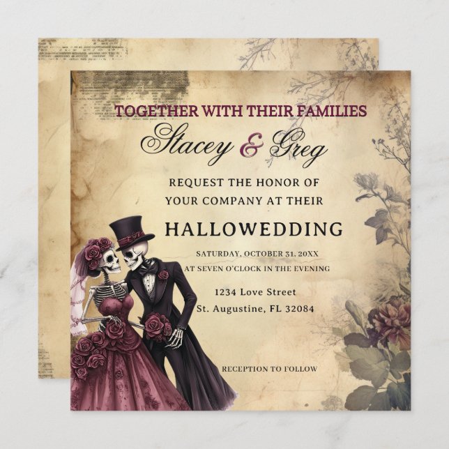 Invitation Mariage de squelette gothique rustique d'Halloween (Devant / Derrière)