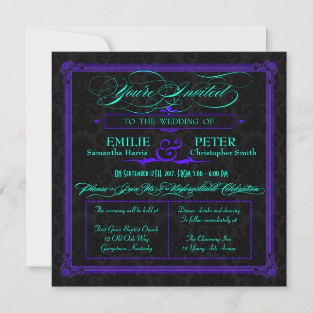 Invitation Mariage de style affiche Turquoise et vert violet  (Devant)