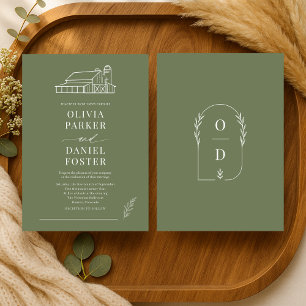 Invitation Mariage de style ferme en vert olive, illustration