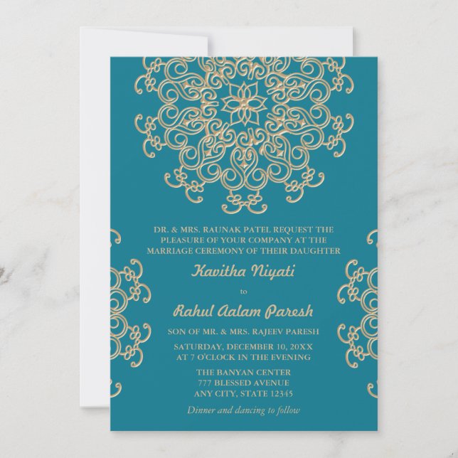 INVITATION MARIAGE DE STYLE INDIEN BLEU AQUAMARINE ET OR (Devant)