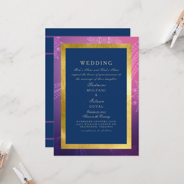 Invitation Mariage de style indien bleu, rose et or (Devant/Arrière en situation)