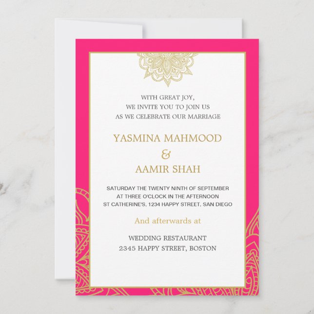 Invitation Mariage de style indien Pink Gold Chic (Dos)